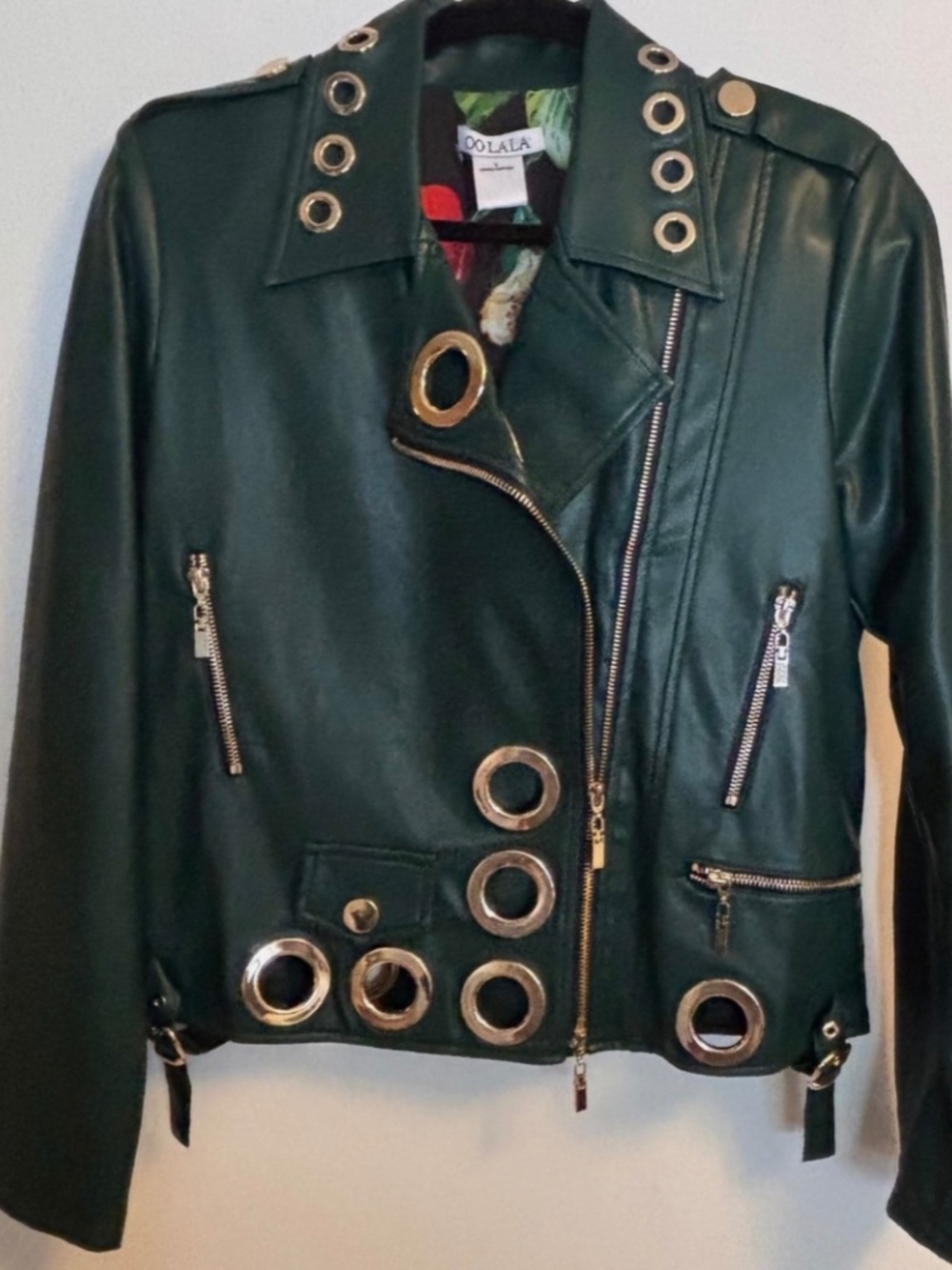 OOLALA Women’s Faux Leather Jacket Green with Gold Tone Garnets Small